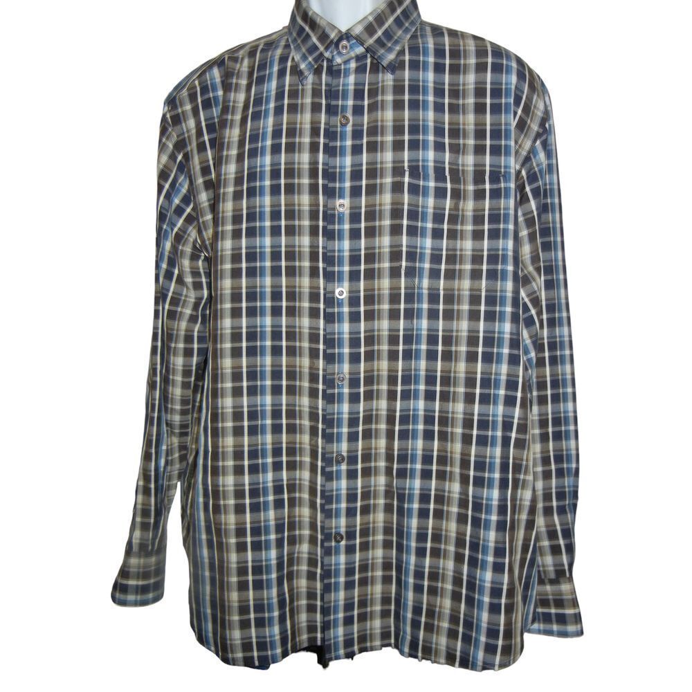 Tommy Bahama Shirt Men Size XL Blue Brown Plaid Cotton Button Down Long Sleeve